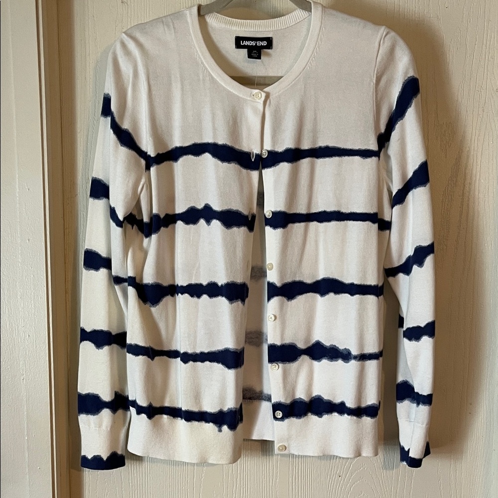 Lands' End Women's Navy and White Striped Cardigan Medium NWT
